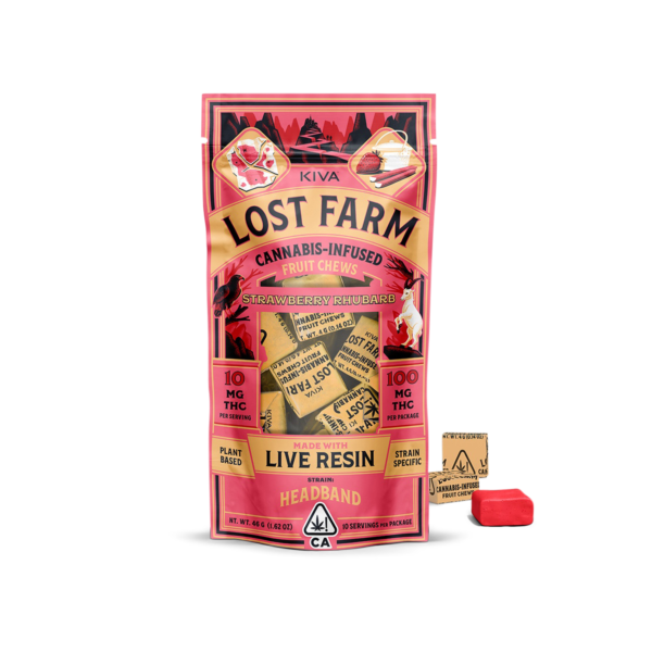 Strawberry Rhubarb Headband Chews gummies delivery in stock online at Lost Farm shop, Sour gummies from Kiva for sale at best discount prices